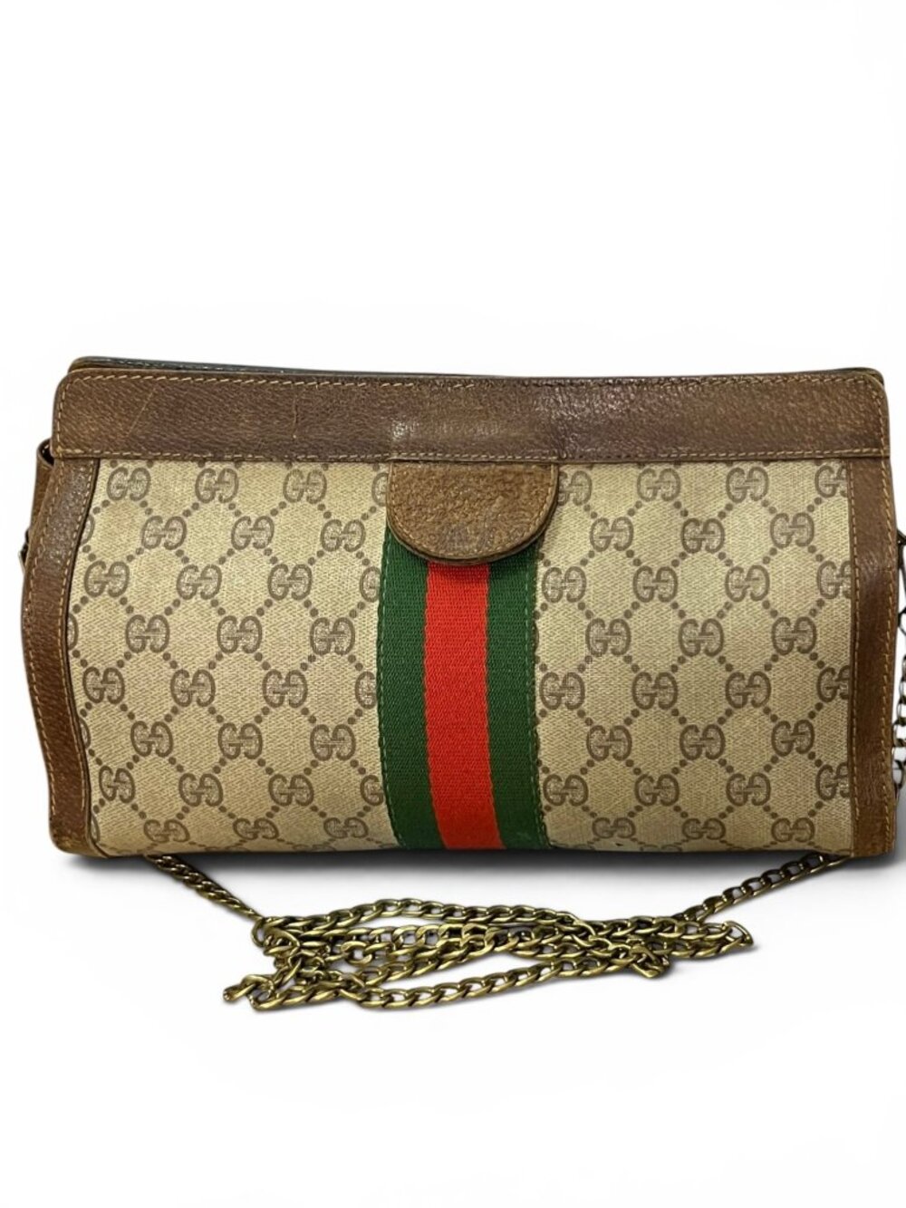 Vintage Gucci Parfums Brown Monogram Canvas Leather Chain Shoulder Bag Italy